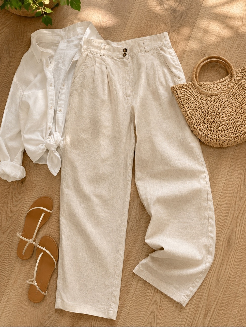 Vintage pleated Linen-Blend Pants in Cream